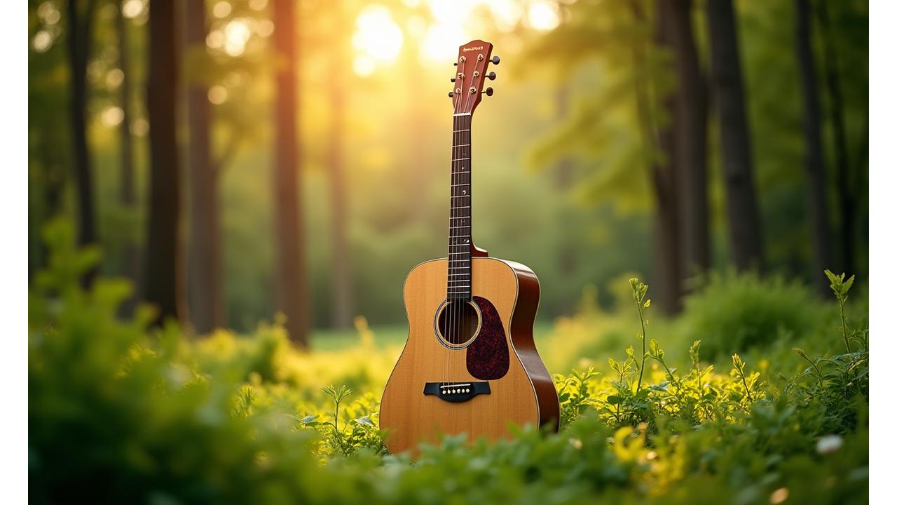 En vakker akustisk gitar laget av lyst, FSC-sertifisert tre, plassert utendørs i et frodig, grønt skogslandskap under naturlig sollys.