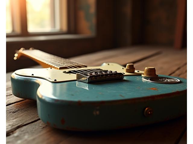 Nærbilde av en nøyaktig kopi av en vintage elektrisk gitar, med omhyggelig slitasje for et autentisk utseende.