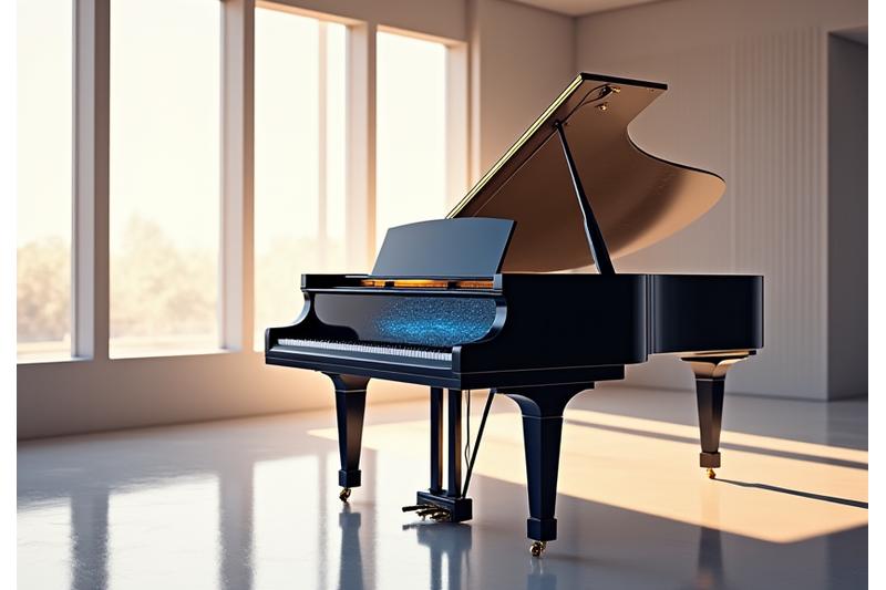 En musiker spiller på et Yamaha AvantGrand hybrid-piano i et moderne, minimalistisk studio. Fokus på instrumentets eleganse og AI-integrasjon.