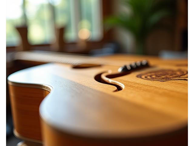 Et vakkert utskåret, bærekraftig produsert treinstrument, muligens en gitar, med fokus på korn og naturlig skjønnhet