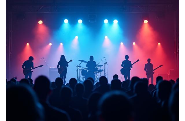 Et band opptrer på en live scene med profesjonell lys- og lydoppsett