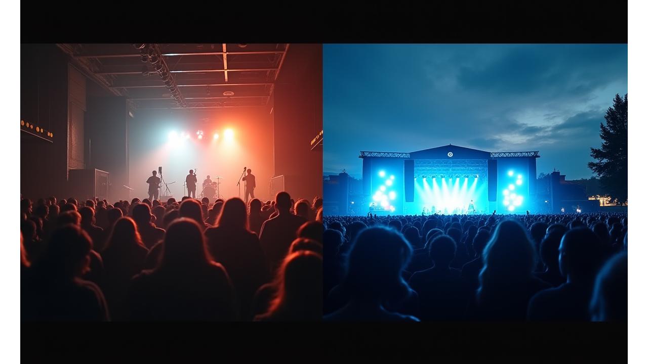 Ulike scener og arrangementer, fra et lite, intimt innendørs konsertlokale til en stor utendørs festivalscene i Oslo, demonstrerer allsidighet i lydteknikk. Bildet viser ulike vinkler og belysninger.