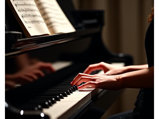 Hender som spiller piano, med en åpen notebok elegant plassert på notestativet. Fokus på notene og fingrene.