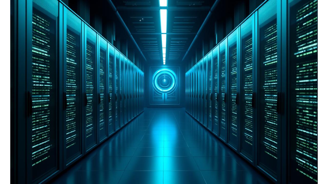 Abstrakt visualiserng av sikker dataoverføring på en server-farm