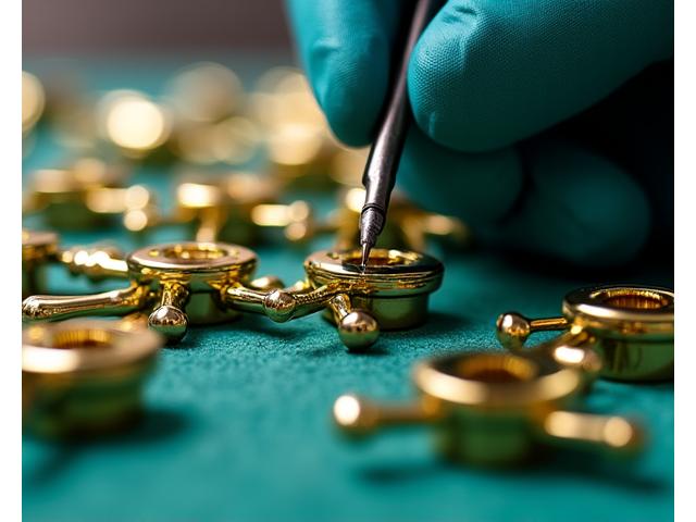 Nærbilde av instrumentdeler fra et messinginstrument under reparasjon, med teknikerens hender i arbeid.
