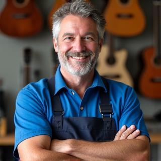 Portrett av Lars, en erfaren instrumenttekniker, smilende i front av et verksted.